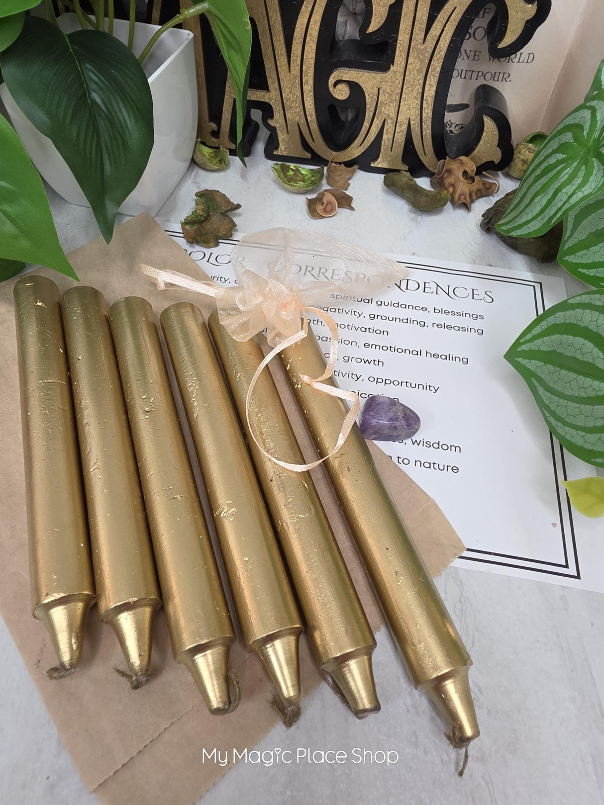 Gold 6 Inch Taper Candle Kit, Candles with Crystal & Color Correspondence Guide, Ritual Candle Set, Spiritual Gift