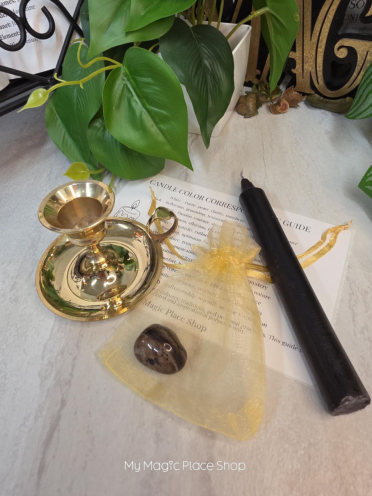 Brass Taper Candle Holder Kit with Black Candle & Crystal, Candle Holder Gift Set, Curated Spiritual Candle Kit