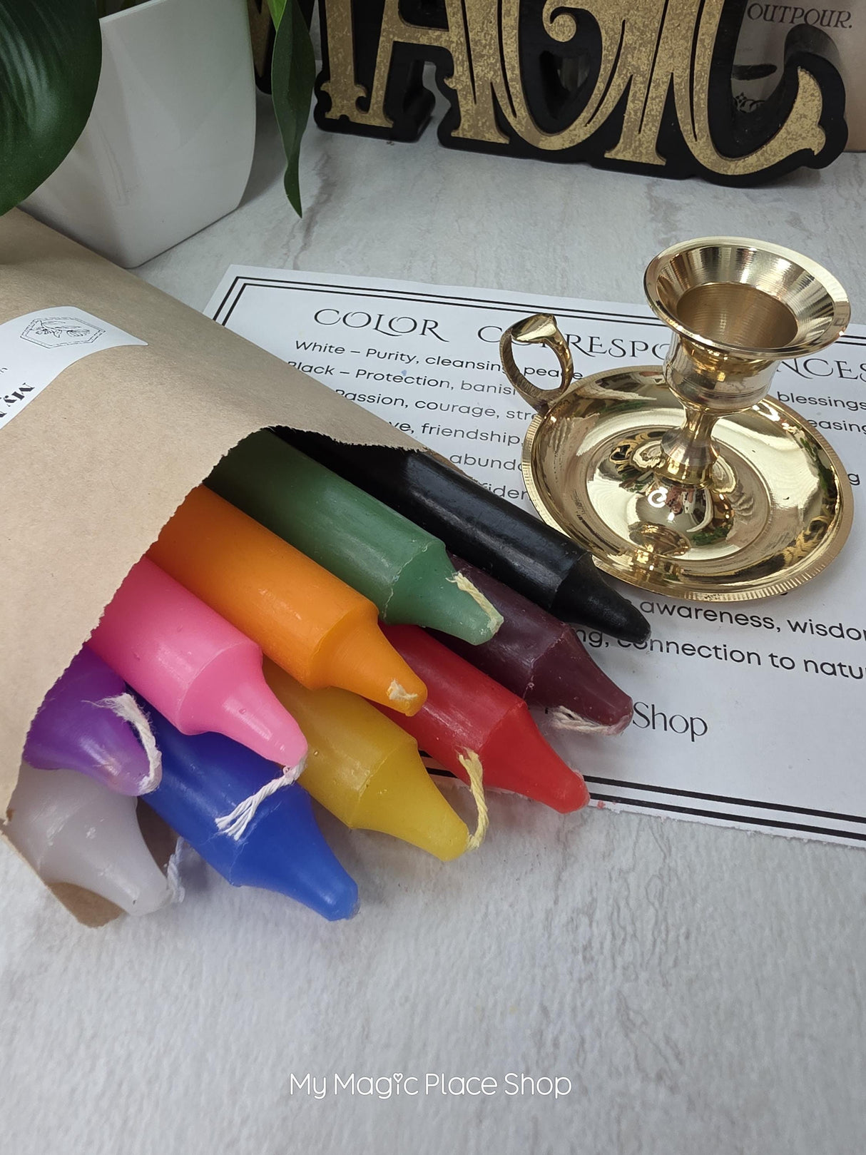 Colored Taper Candles Set with Candle Holder, Color Guide Card, Altar Decor, Meditation Gift
