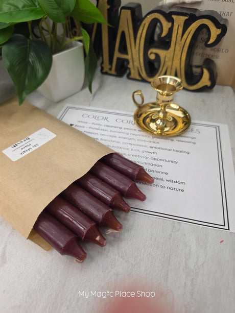 Brown Colored Taper Candles Set with Candle Holder, Color Guide, Altar Decor, Meditation Gift