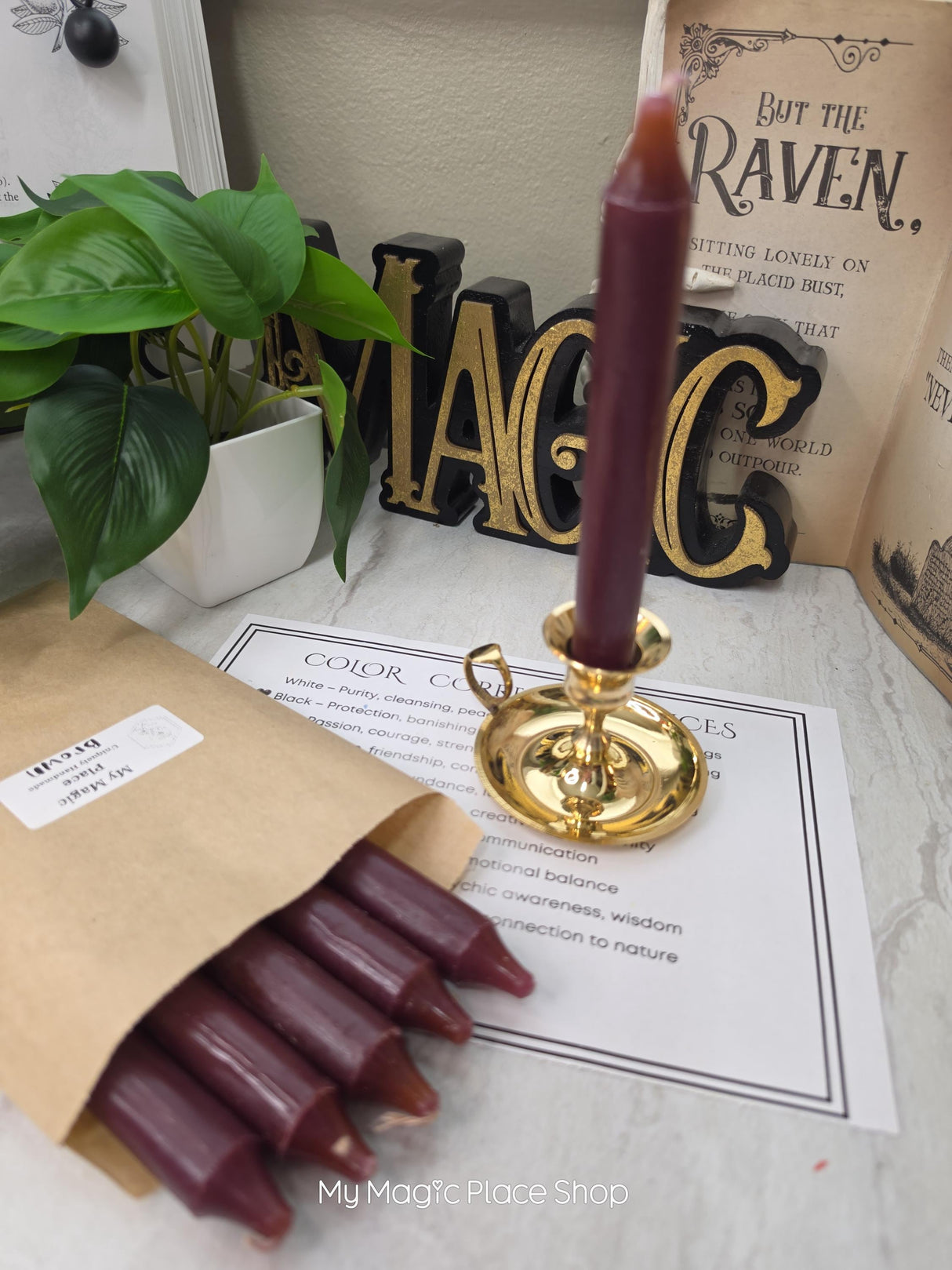 Brown Colored Taper Candles Set with Candle Holder, Color Guide, Altar Decor, Meditation Gift