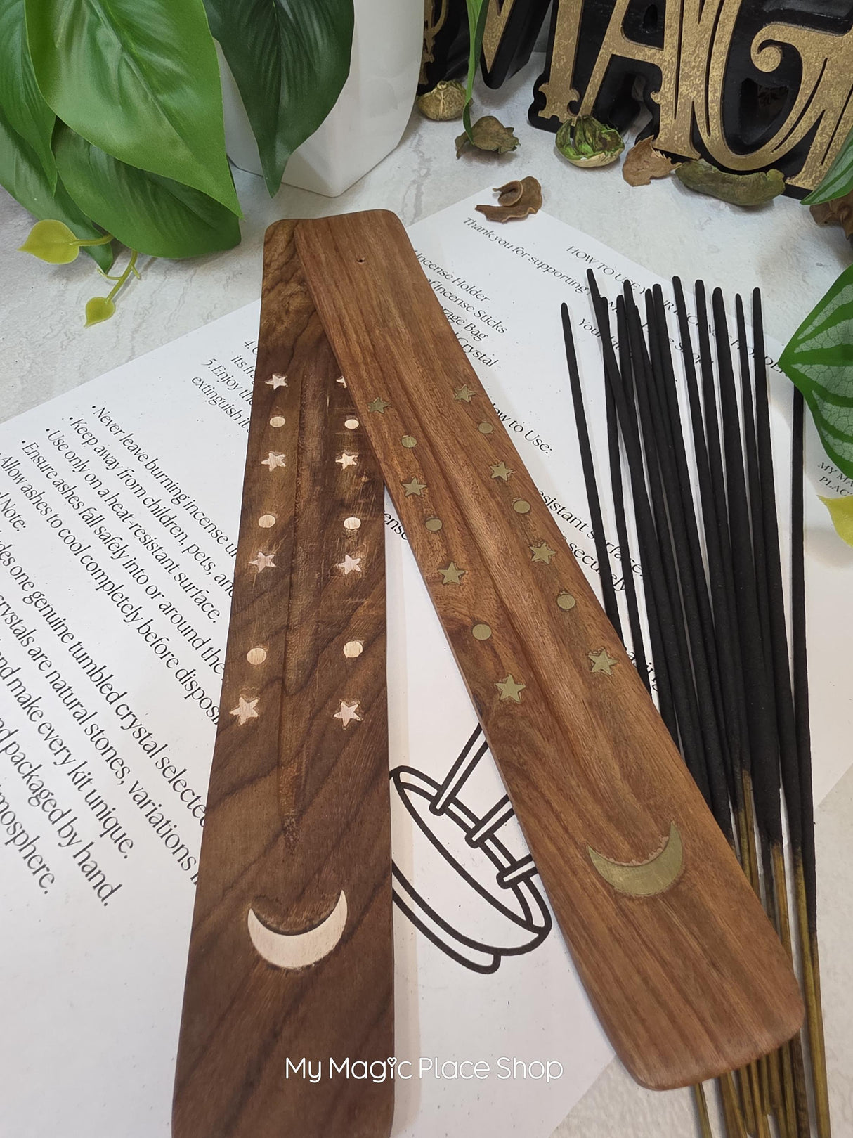 Celestial Moon Wooden Incense Holder Kit, Choose White Moon or Gold Moon Design, Includes 20 Incense Sticks & Guide, Long Ash Catcher Burner