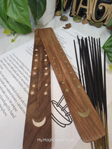 Celestial Moon Wooden Incense Holder Kit, Choose White Moon or Gold Moon Design, Includes 20 Incense Sticks & Guide, Long Ash Catcher Burner