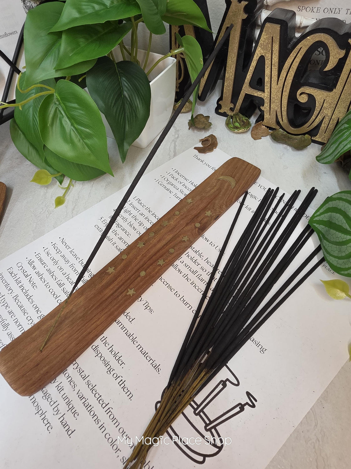 Celestial Moon Wooden Incense Holder Kit, Choose White Moon or Gold Moon Design, Includes 20 Incense Sticks & Guide, Long Ash Catcher Burner