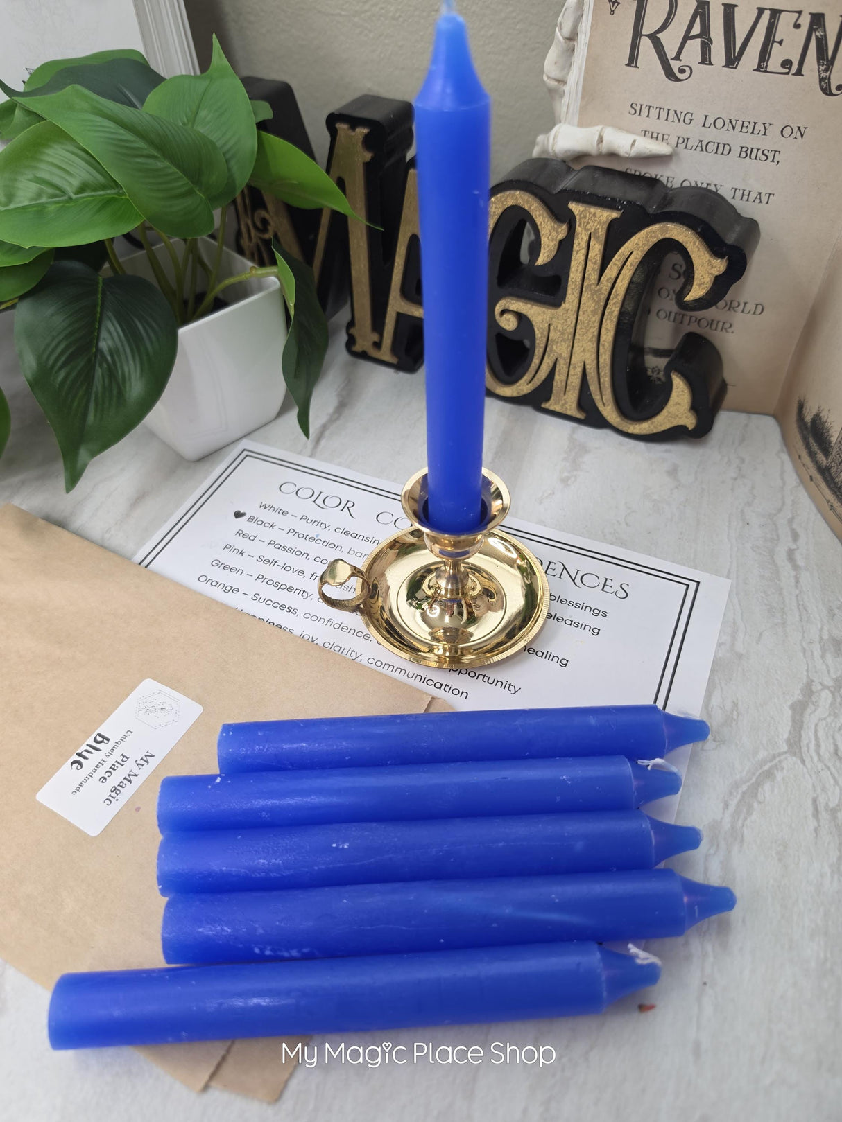Blue Colored Taper Candles Set with Candle Holder, Color Guide, Altar Decor, Meditation Gift