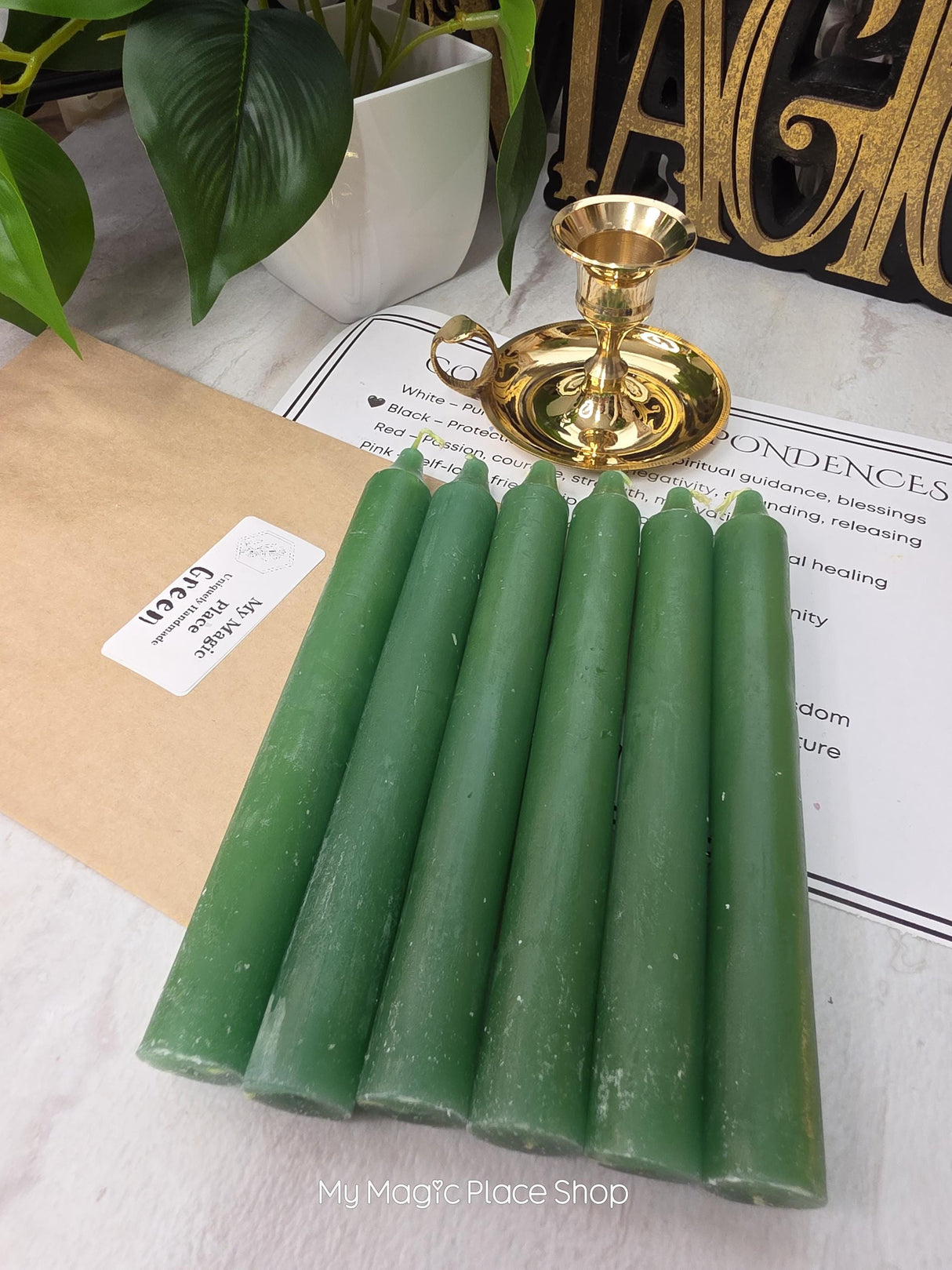 Green Colored Taper Candles Set with Candle Holder, Color Guide, Altar Decor, Meditation Gift