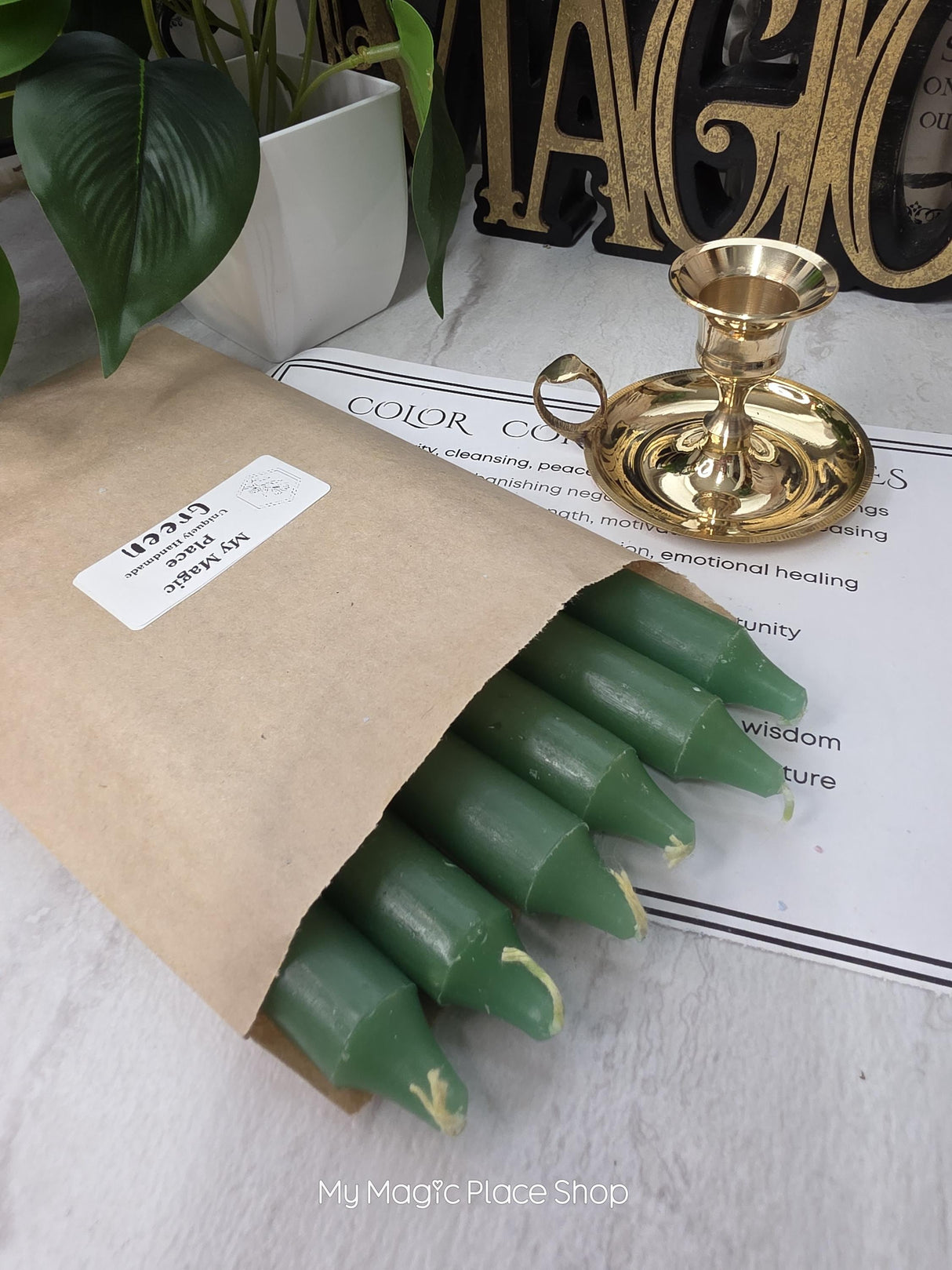 Green Colored Taper Candles Set with Candle Holder, Color Guide, Altar Decor, Meditation Gift