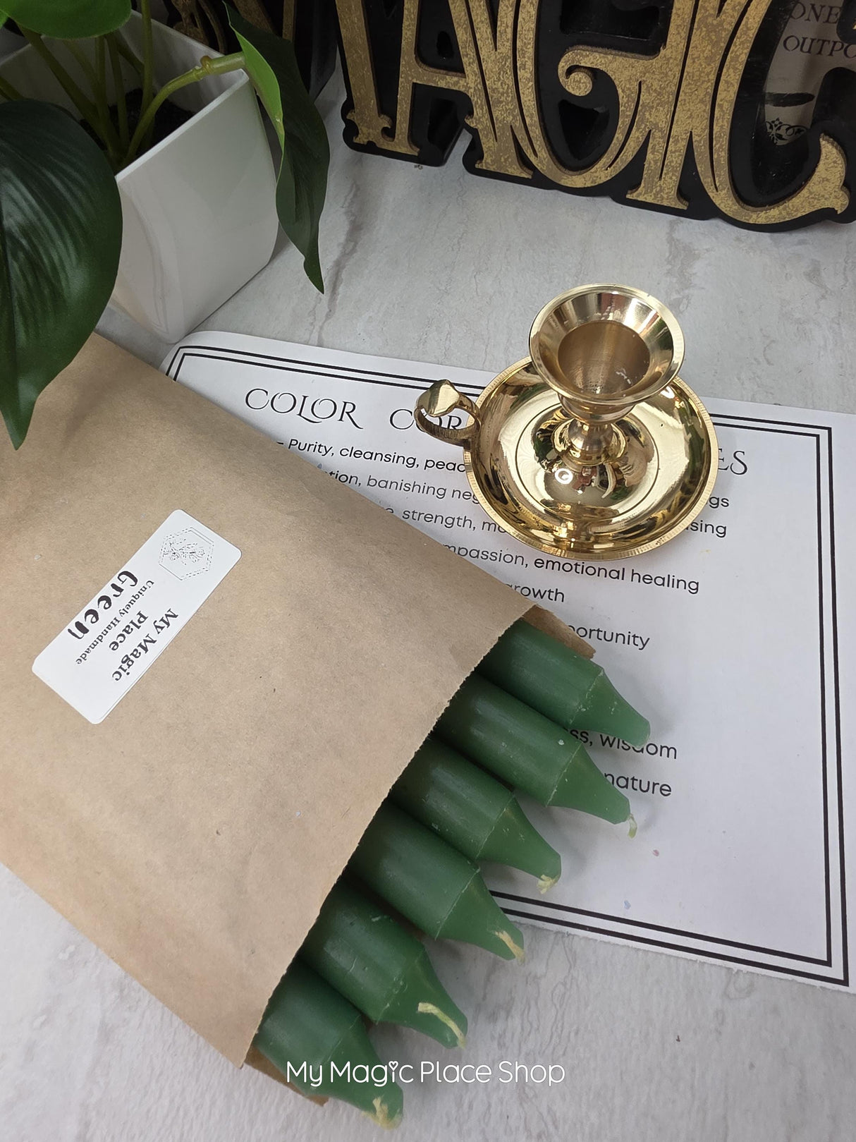 Green Colored Taper Candles Set with Candle Holder, Color Guide, Altar Decor, Meditation Gift