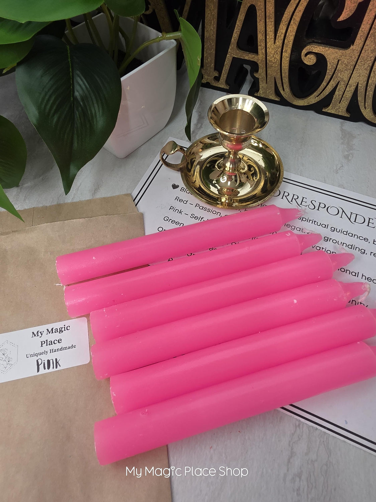 Pink Colored Taper Candles Set with Candle Holder, Color Guide, Altar Decor, Meditation Gift