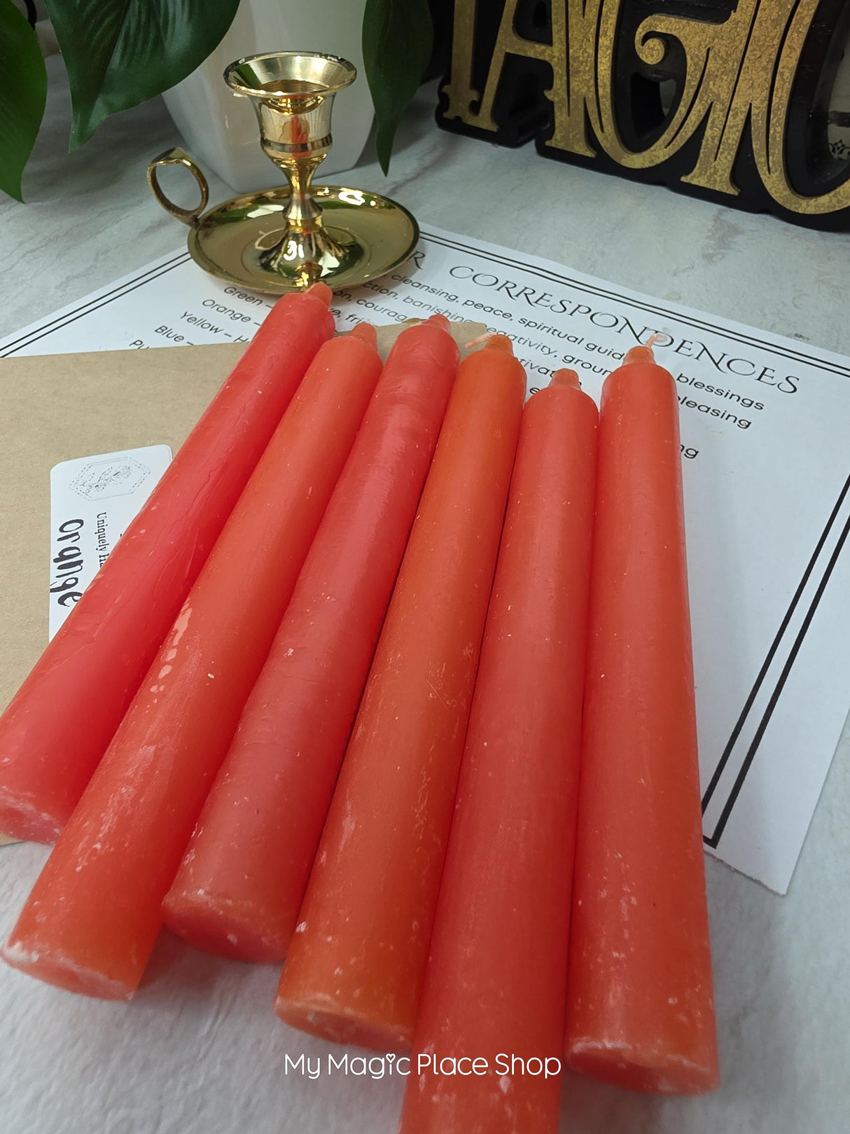 Orange Colored Taper Candles Set with Candle Holder, Color Guide, Altar Decor, Meditation Gift