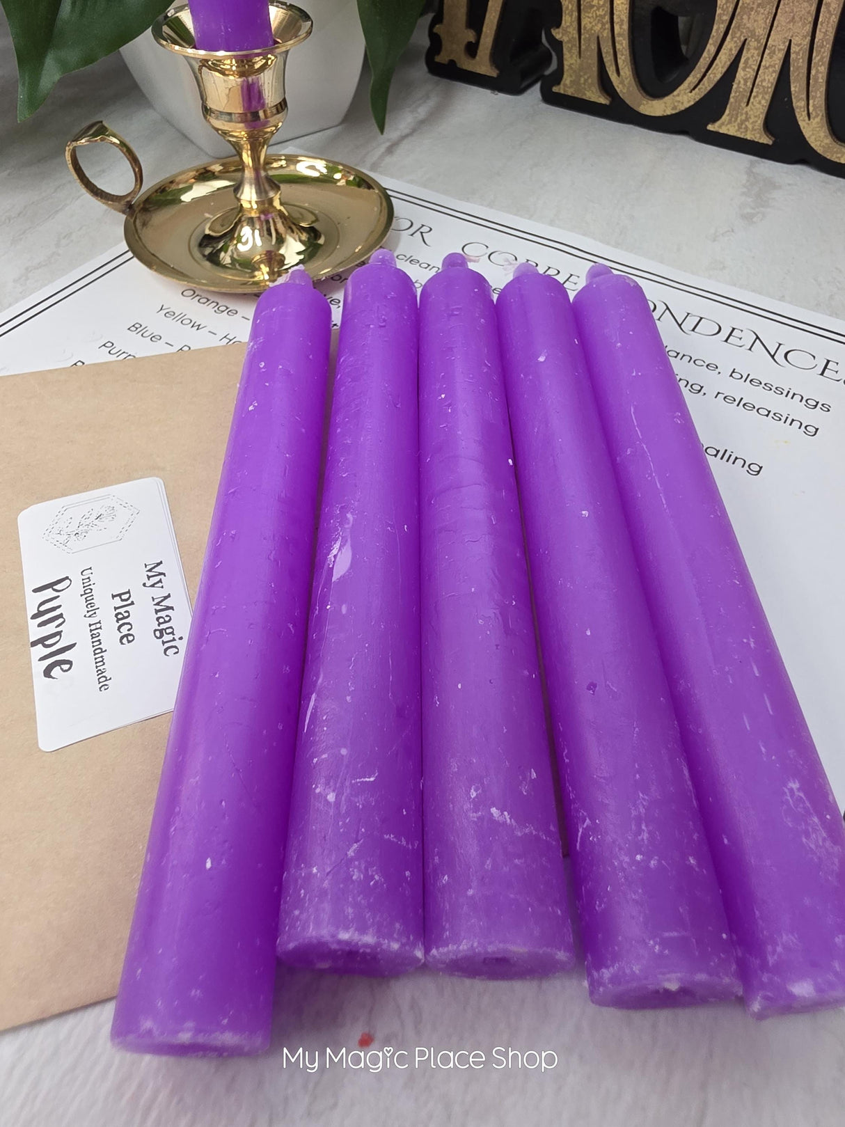 Purple Colored Taper Candles Set with Candle Holder, Color Guide, Altar Decor, Meditation Gift