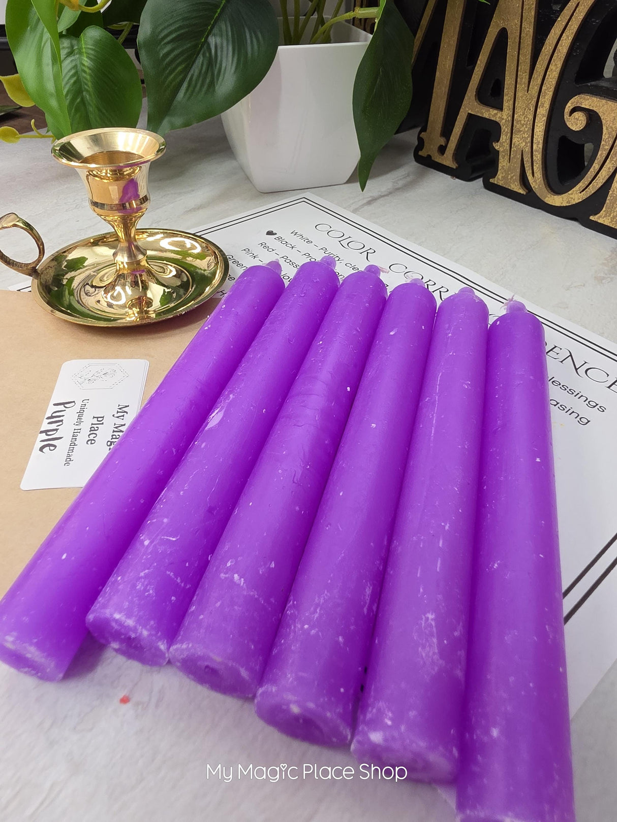Purple Colored Taper Candles Set with Candle Holder, Color Guide, Altar Decor, Meditation Gift