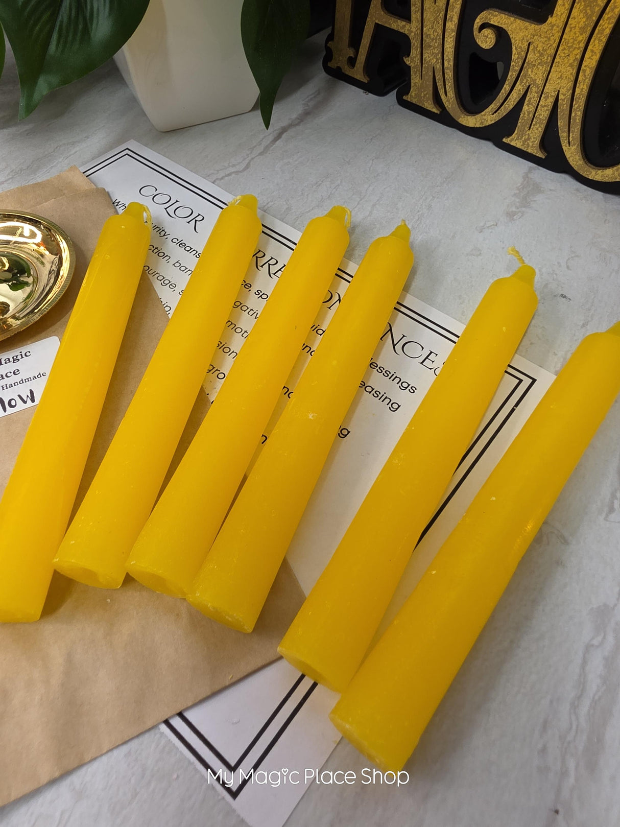 Yellow Colored Taper Candles Set with Candle Holder, Color Guide, Altar Decor, Meditation Gift