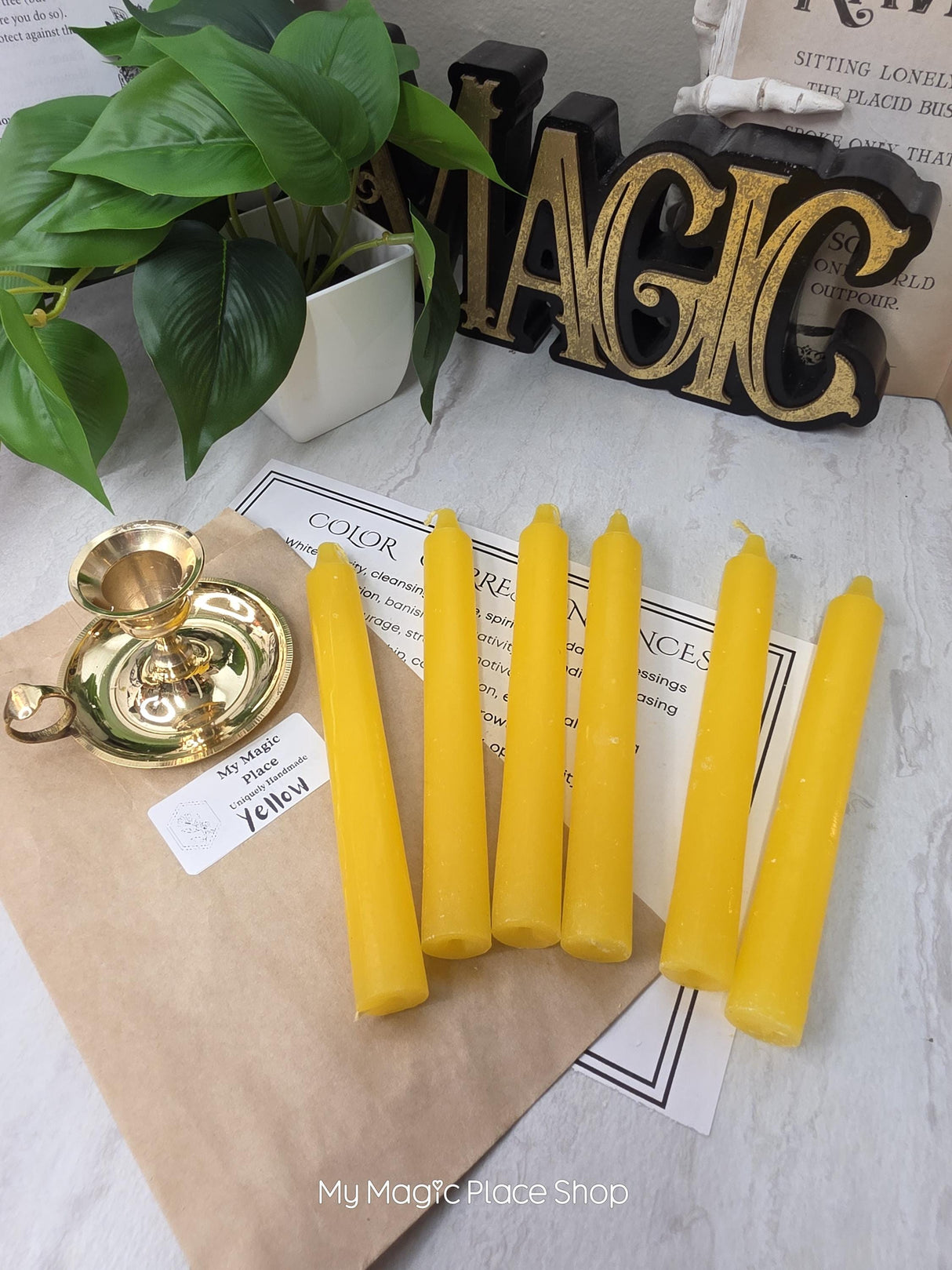 Yellow Colored Taper Candles Set with Candle Holder, Color Guide, Altar Decor, Meditation Gift