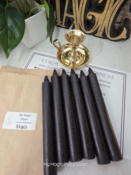 Black Colored Taper Candles Set with Candle Holder, Color Guide, Altar Decor, Meditation Gift