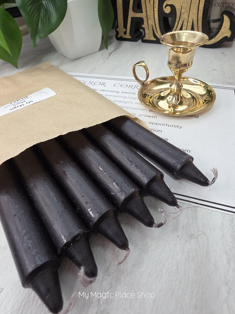 Black Colored Taper Candles Set with Candle Holder, Color Guide, Altar Decor, Meditation Gift