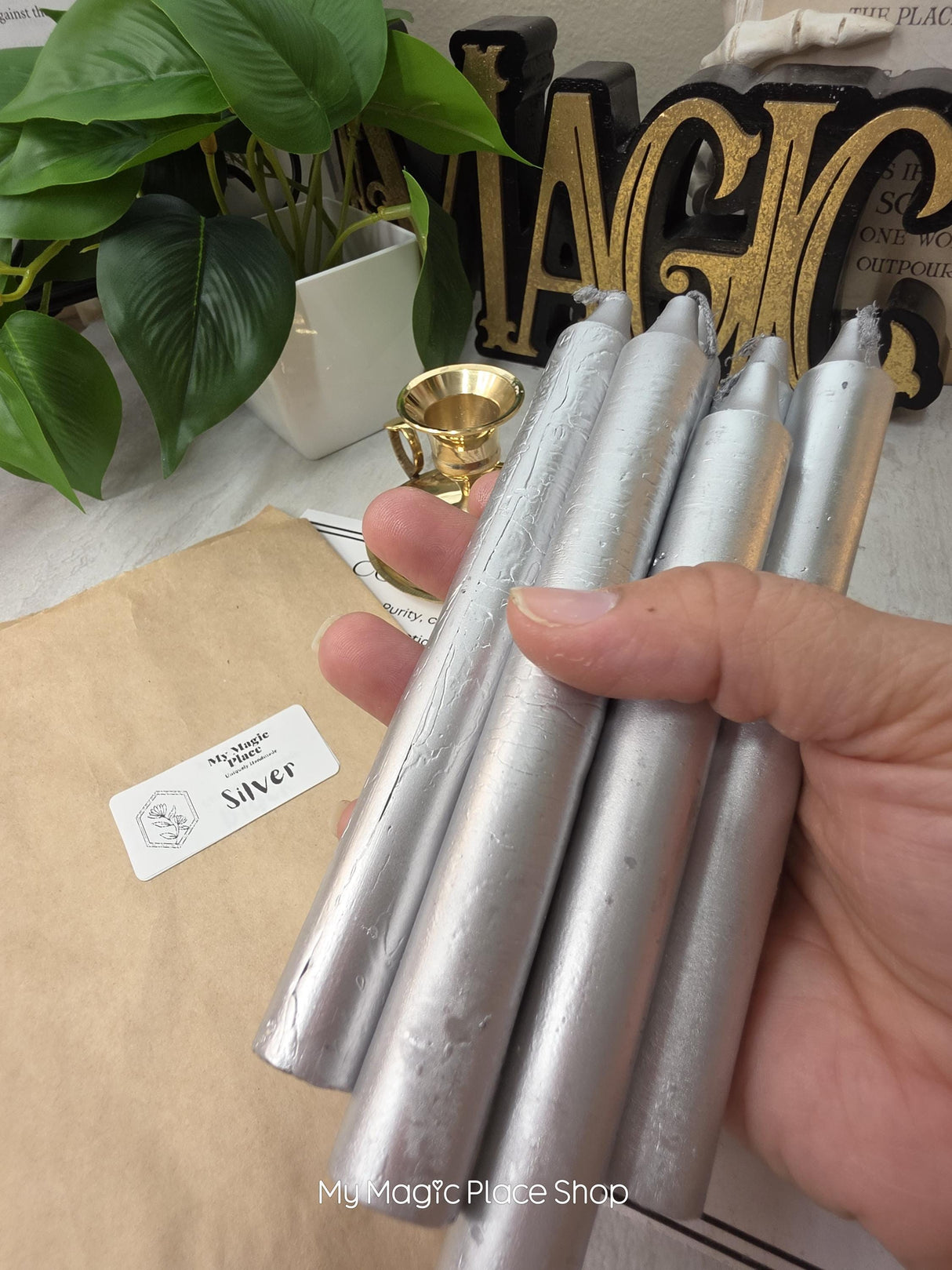 Silver Colored Taper Candles Set with Candle Holder, Color Guide, Altar Decor, Meditation Gift