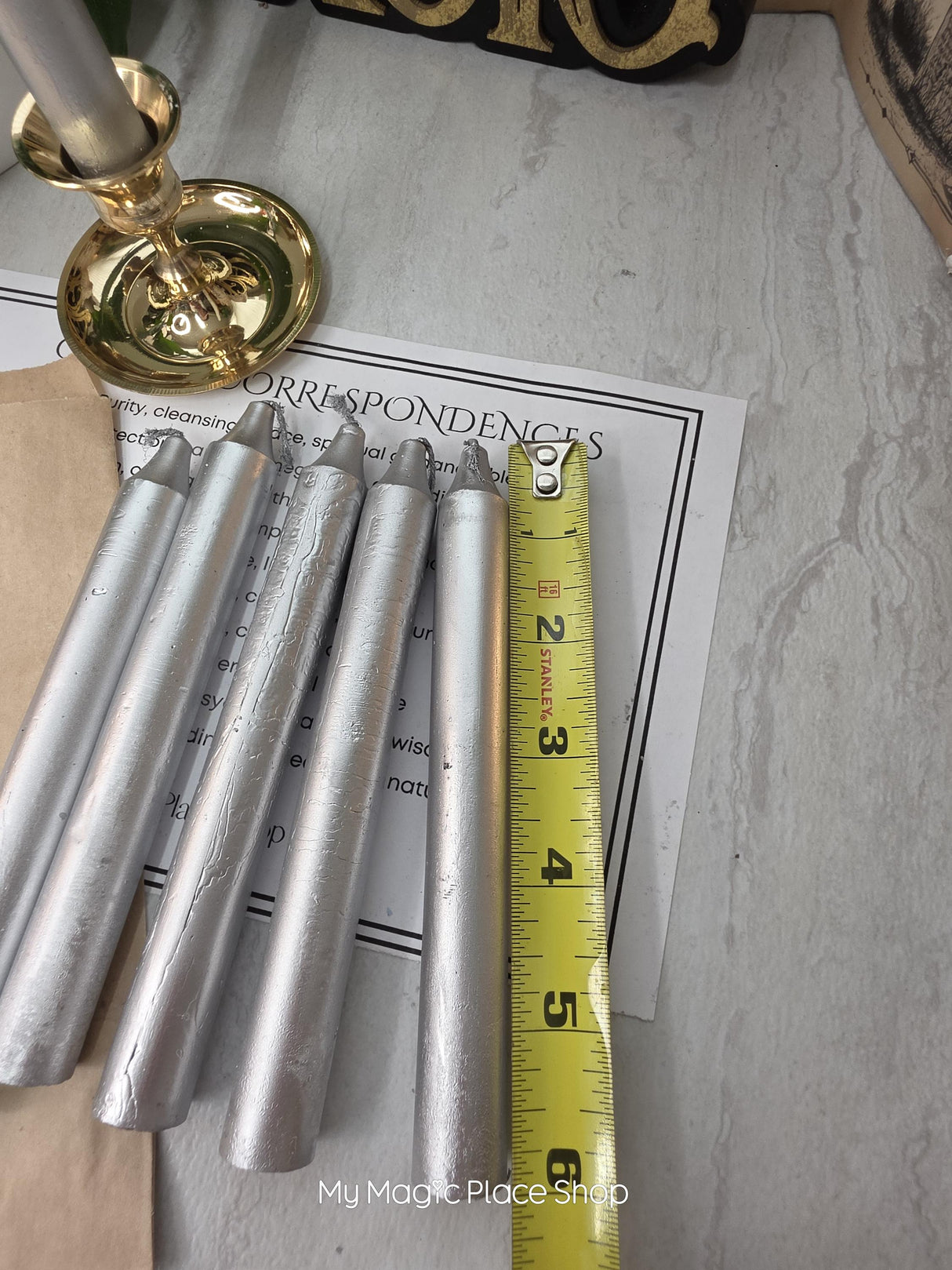Silver Colored Taper Candles Set with Candle Holder, Color Guide, Altar Decor, Meditation Gift
