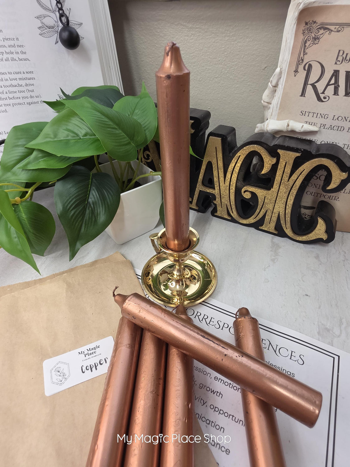 Copper Colored Taper Candles Set with Candle Holder, Color Guide, Altar Decor, Meditation Gift