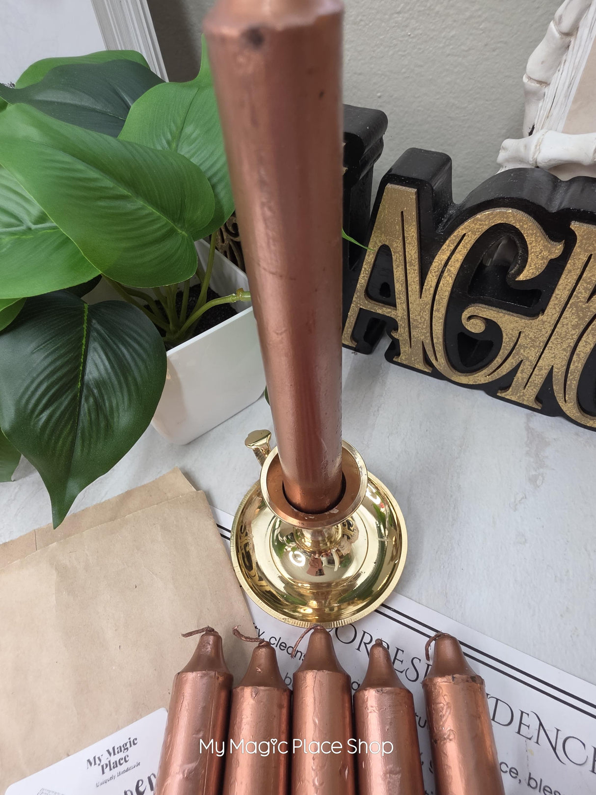 Copper Colored Taper Candles Set with Candle Holder, Color Guide, Altar Decor, Meditation Gift