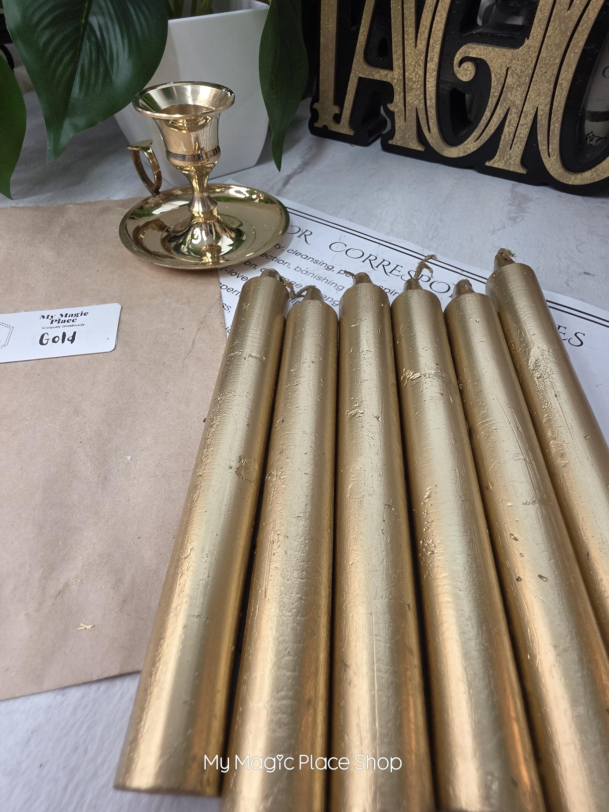 Gold Colored Taper Candles Set with Candle Holder, Color Guide, Altar Decor, Meditation Gift