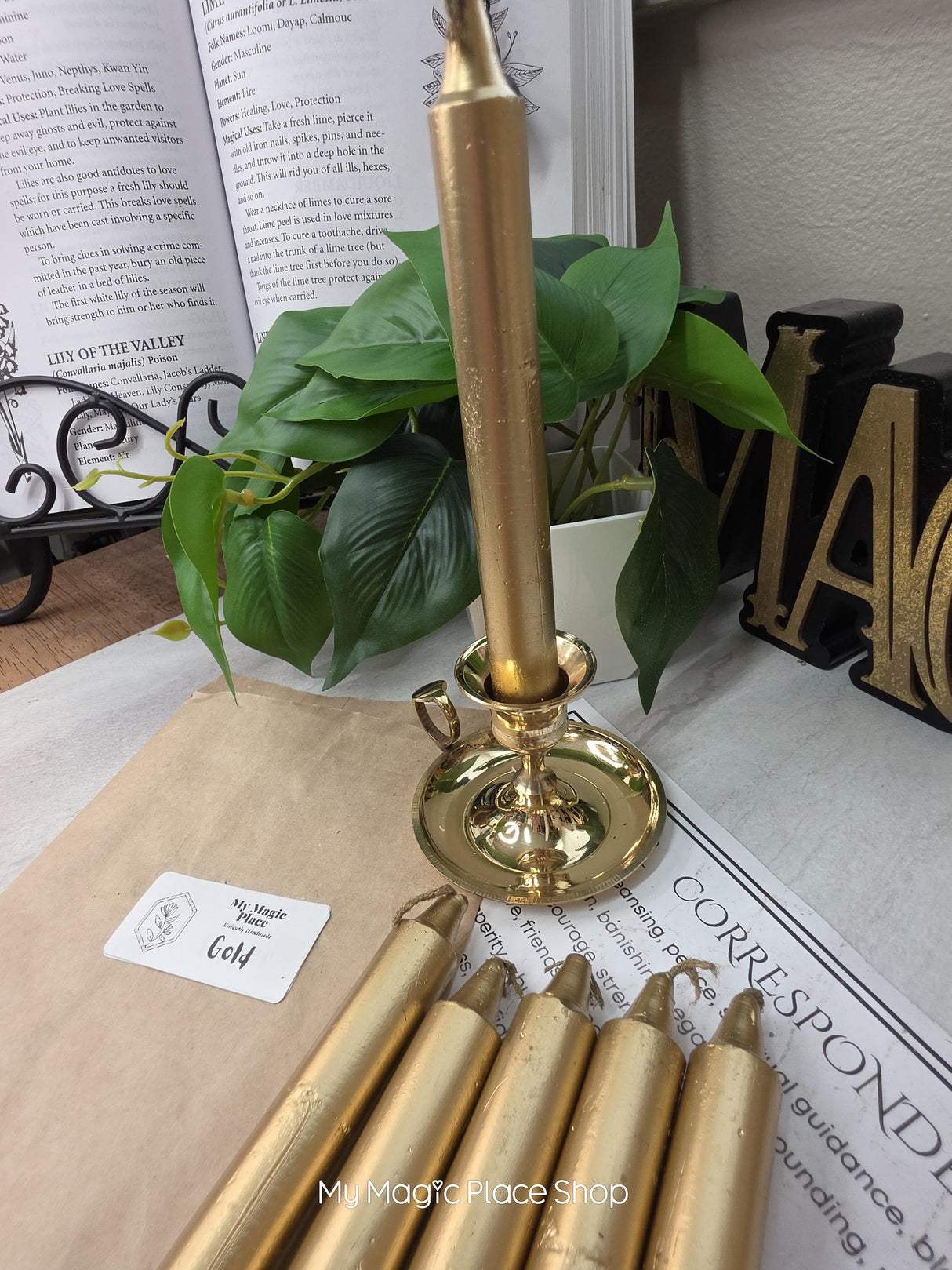 Gold Colored Taper Candles Set with Candle Holder, Color Guide, Altar Decor, Meditation Gift
