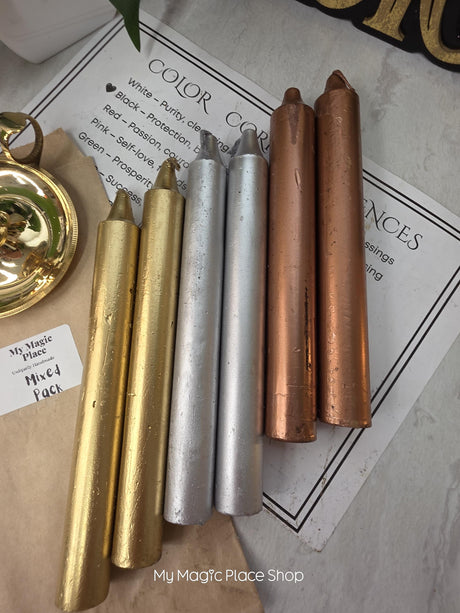 Mix Gold -Copper -Silver-Colored Taper Candles Set with Candle Holder, Color Guide,