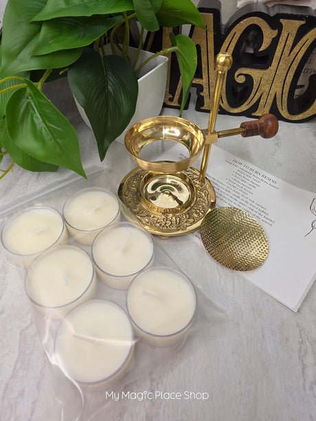 Adjustable Brass Candle Burner Kit | Includes 6 Handmade Soy Tea Lights & Instructions |Fragrance Set