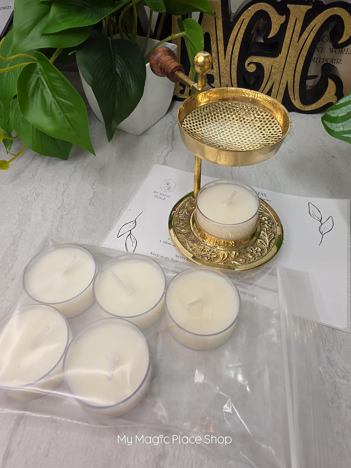 Adjustable Brass Candle Burner Kit | Includes 6 Handmade Soy Tea Lights & Instructions |Fragrance Set