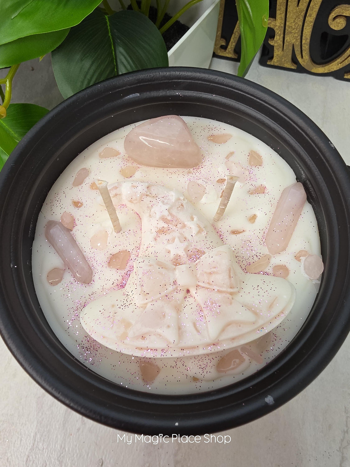 Rose Quartz Cauldron Candle | Handmade Soy Wax | Double Wick Decorative | Witchy Home Decor