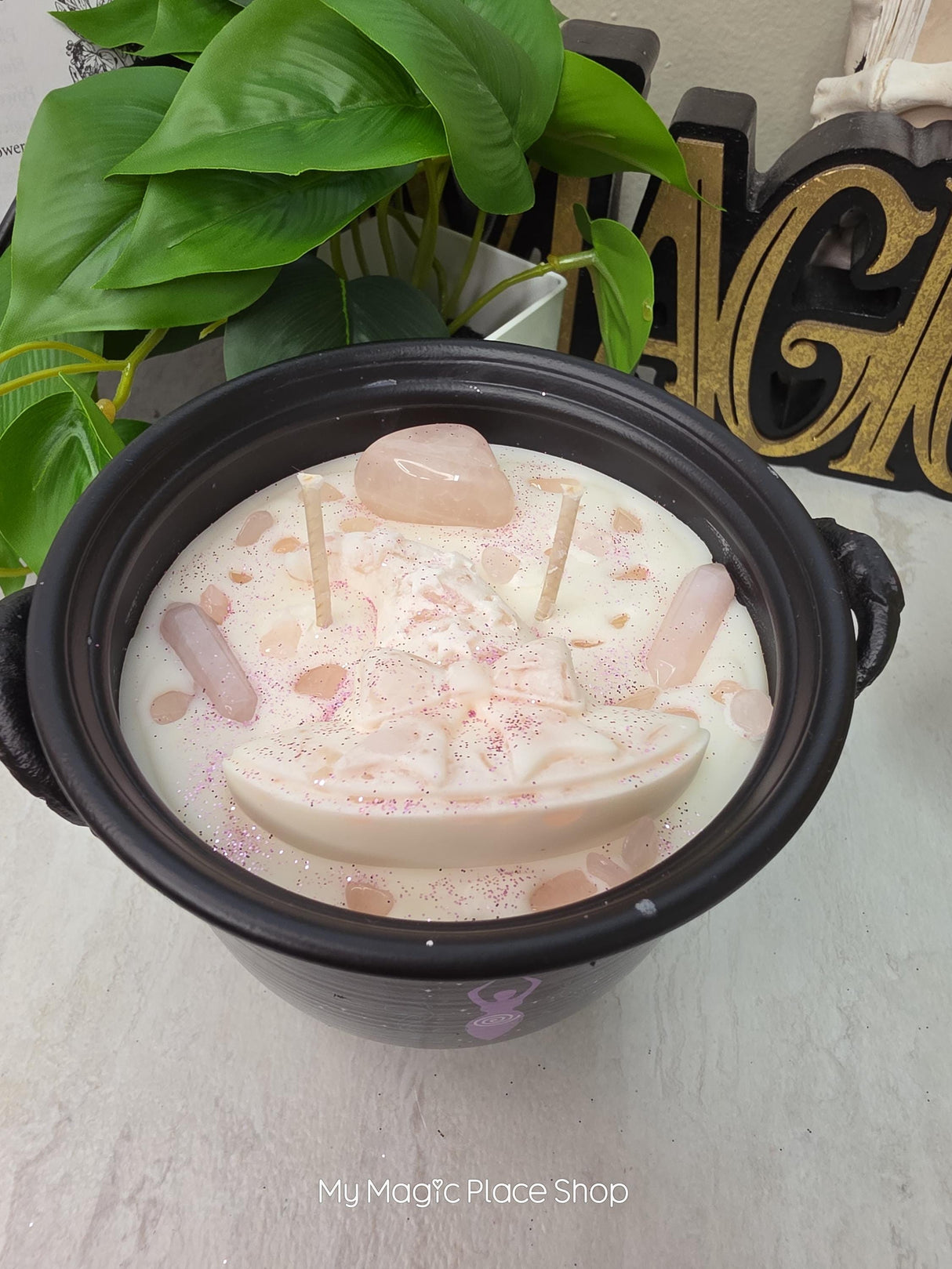 Rose Quartz Cauldron Candle | Handmade Soy Wax | Double Wick Decorative | Witchy Home Decor