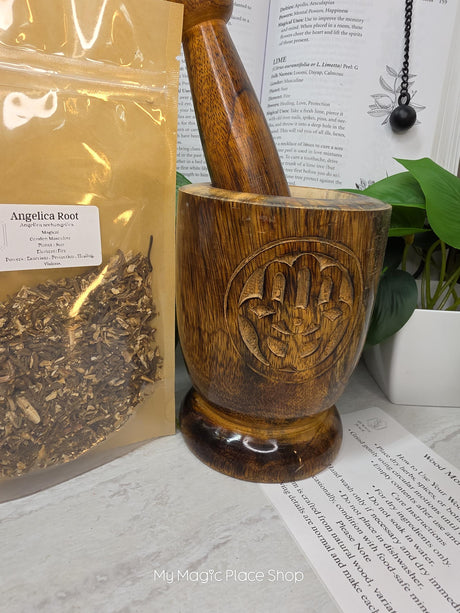 Hamsa Wood Mortar & Pestle Kit Dried Herb | Herbal Set | Witchcraft Altar | Herbs | Ritual Supplies