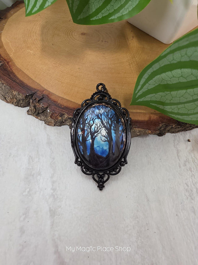 Enchanted Forest Pendant, Oval Gothic Glass Pendant, Moonlit Forest Charm, DIY Jewelry Making Supply, Witchy Craft Supply, Quantity 1
