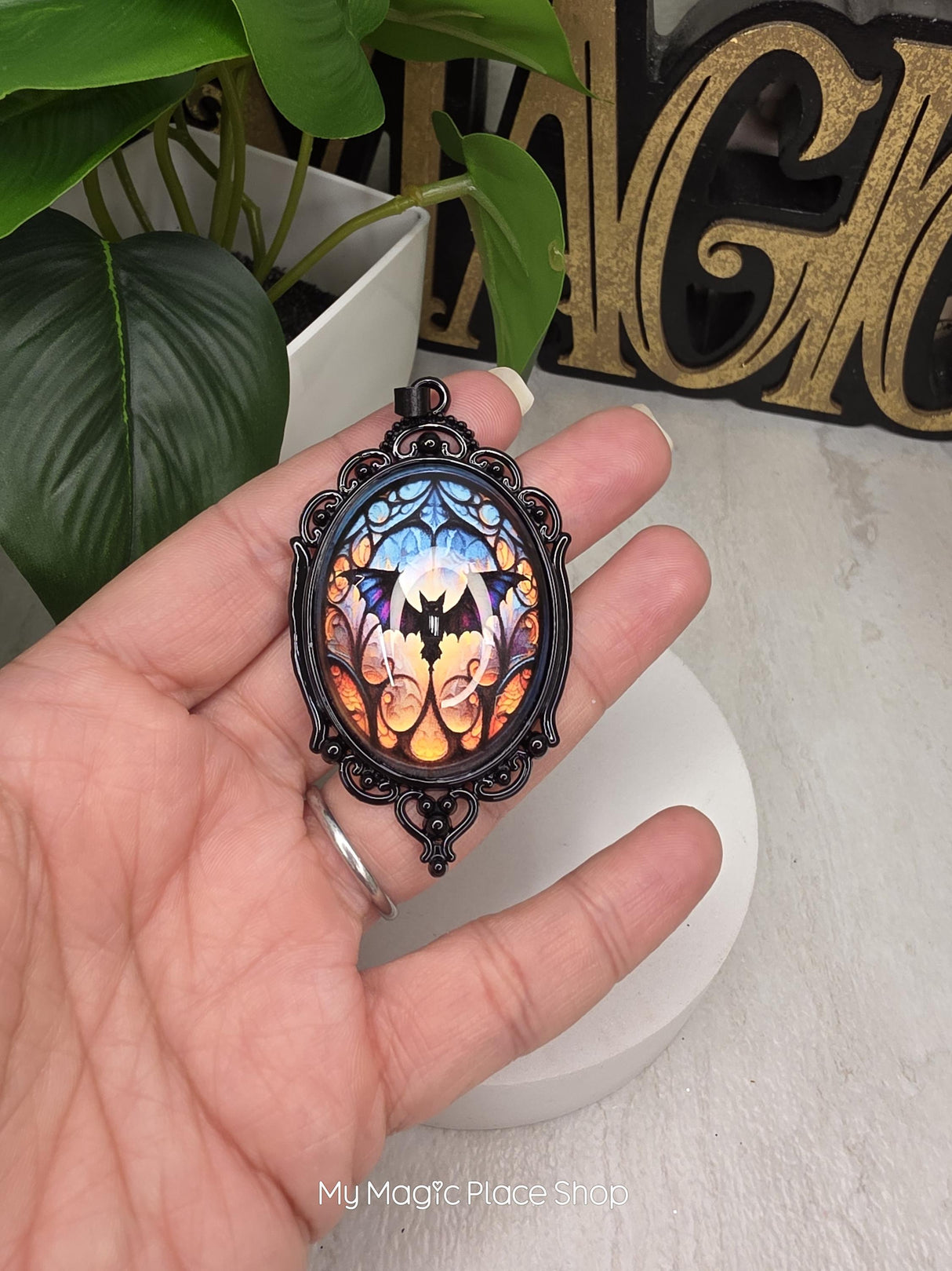Oval Gothic Bat Pendant, Glass Cabochon Pendant, DIY Jewelry Charm, Gothic Craft Supply, Necklace Making Pendant, Quantity 1