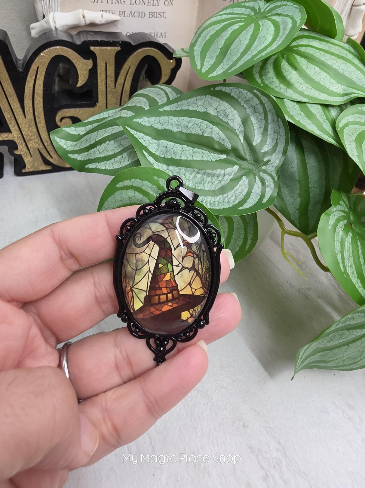 Oval Gothic Witch Hat Pendant, Glass Cabochon Pendant, DIY Jewelry Charm, Witchy Craft Supply, Necklace Making Pendant, Quantity 1