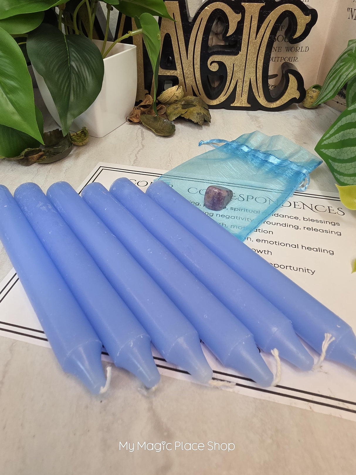 Light Blue 6 Inch Taper Candle Kit, Candles with Crystal & Color Correspondence Guide, Ritual Candle Set, Spiritual Gift
