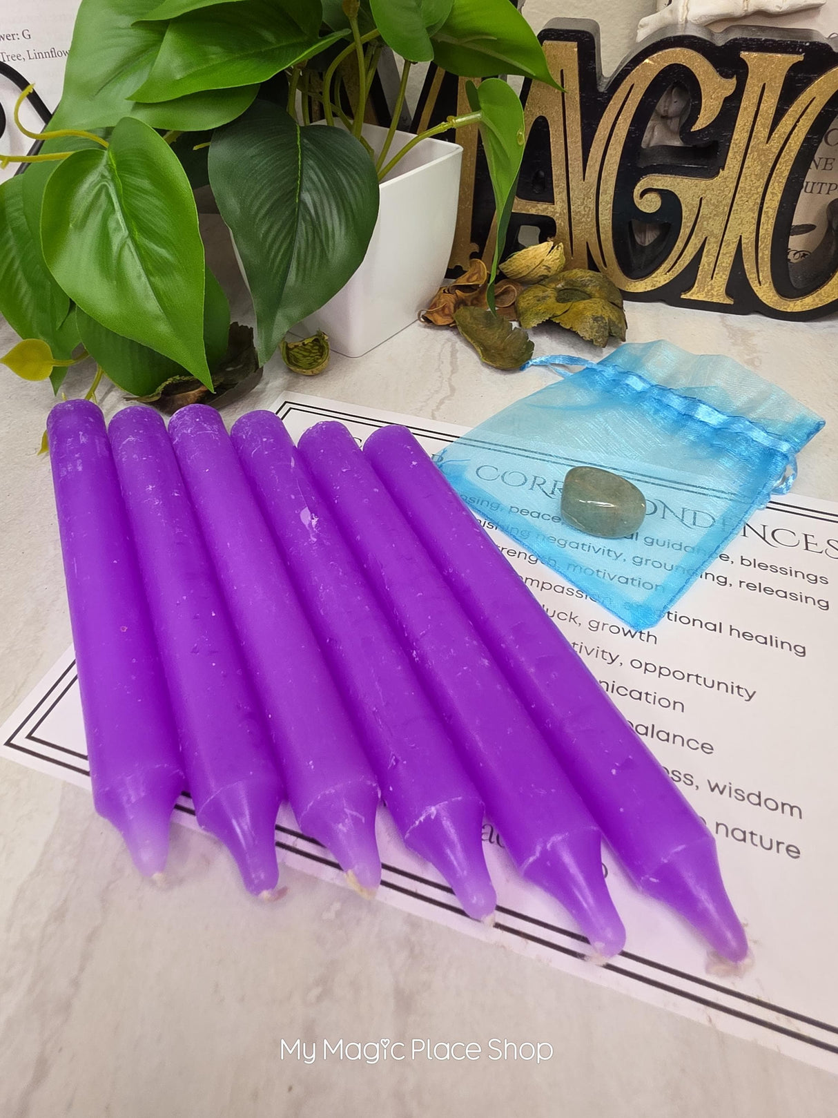 Purple 6 Inch Taper Candle Kit, Candles with Crystal & Color Correspondence Guide, Ritual Candle Set, Spiritual Gift