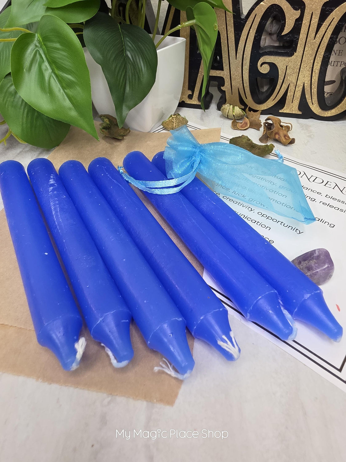 Blue 6 Inch Taper Candle Kit, Candles with Crystal & Color Correspondence Guide, Ritual Candle Set, Spiritual Gift