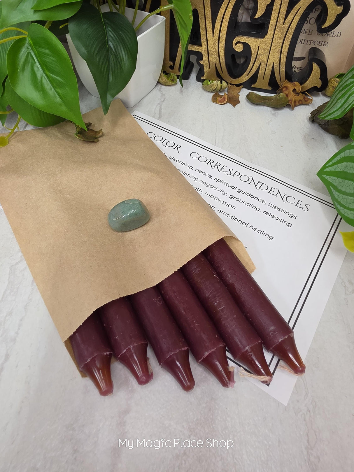 Brown 6 Inch Taper Candle Kit, Candles with Crystal & Color Correspondence Guide, Ritual Candle Set, Spiritual Gift