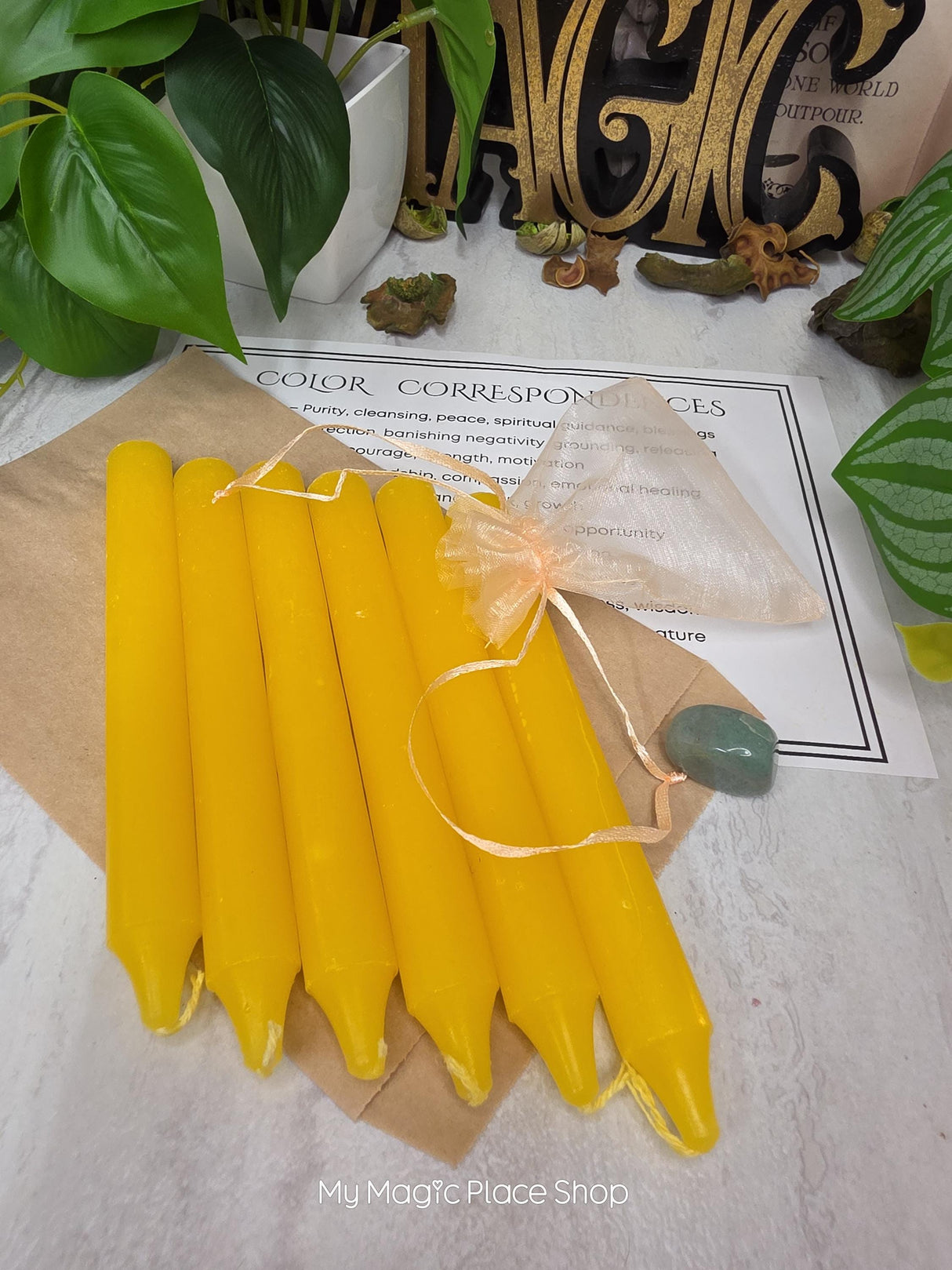 Yellow 6 Inch Taper Candle Kit, Candles with Crystal & Color Correspondence Guide, Ritual Candle Set, Spiritual Gift