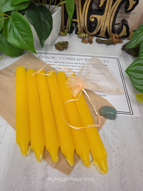 Yellow 6 Inch Taper Candle Kit, Candles with Crystal & Color Correspondence Guide, Ritual Candle Set, Spiritual Gift