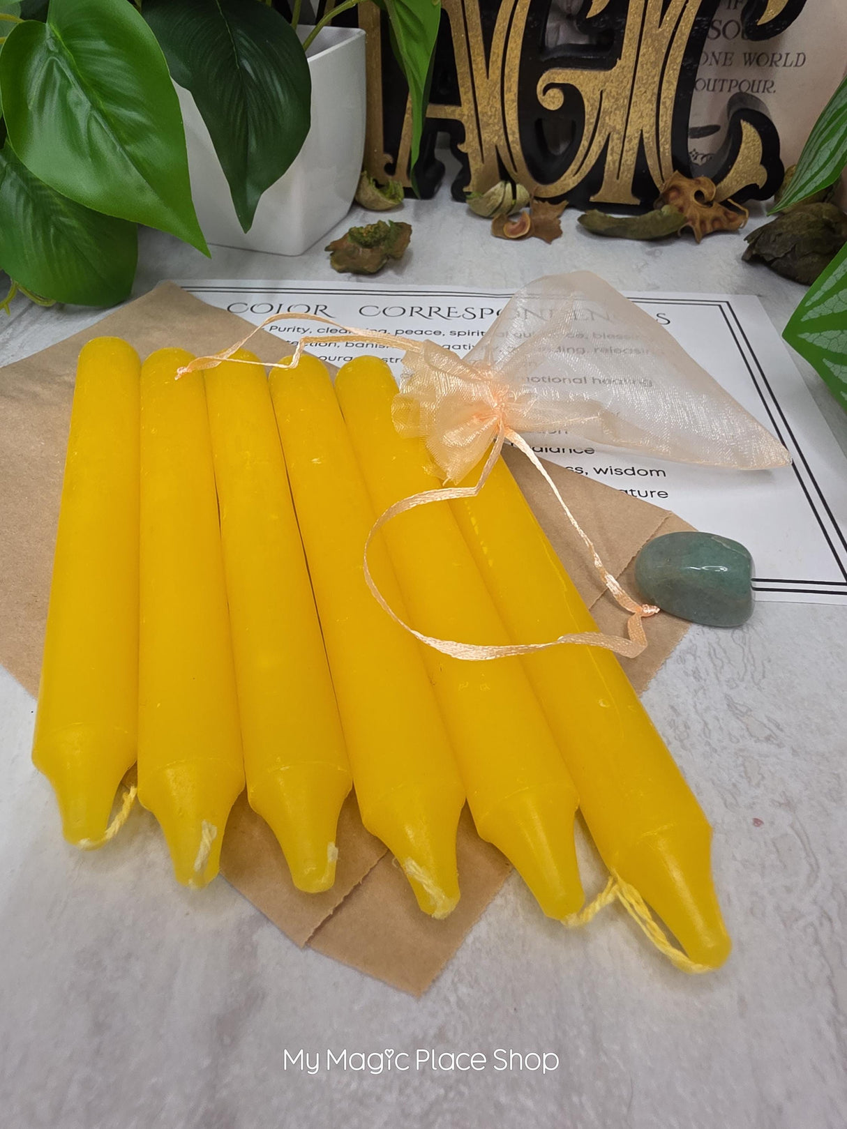 Yellow 6 Inch Taper Candle Kit, Candles with Crystal & Color Correspondence Guide, Ritual Candle Set, Spiritual Gift
