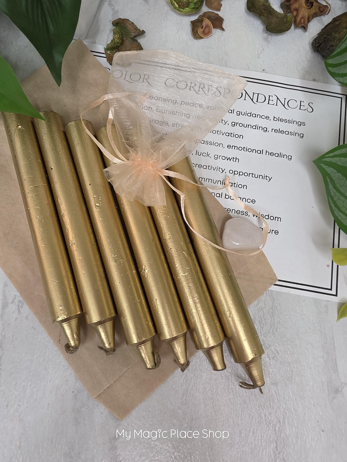 Gold 6 Inch Taper Candle Kit, Candles with Crystal & Color Correspondence Guide, Ritual Candle Set, Spiritual Gift
