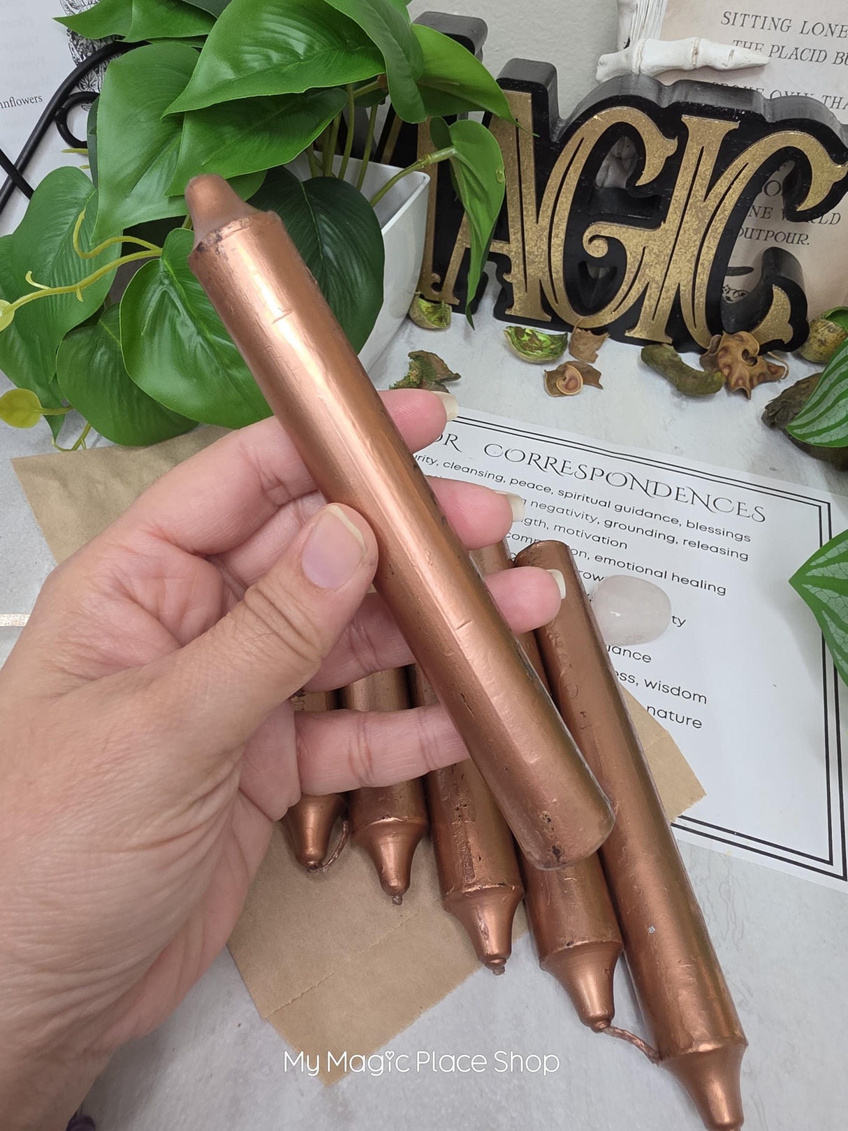 Copper 6 Inch Taper Candle Kit, Candles with Crystal & Color Correspondence Guide, Ritual Candle Set, Spiritual Gift