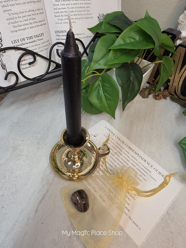 Brass Taper Candle Holder Kit with Black Candle & Crystal, Candle Holder Gift Set, Curated Spiritual Candle Kit