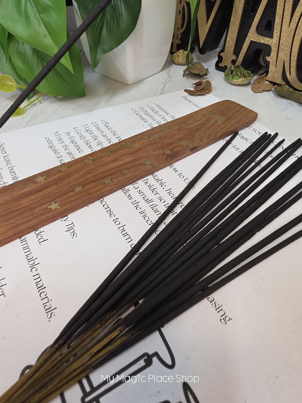 Celestial Moon Wooden Incense Holder Kit, Choose White Moon or Gold Moon Design, Includes 20 Incense Sticks & Guide, Long Ash Catcher Burner