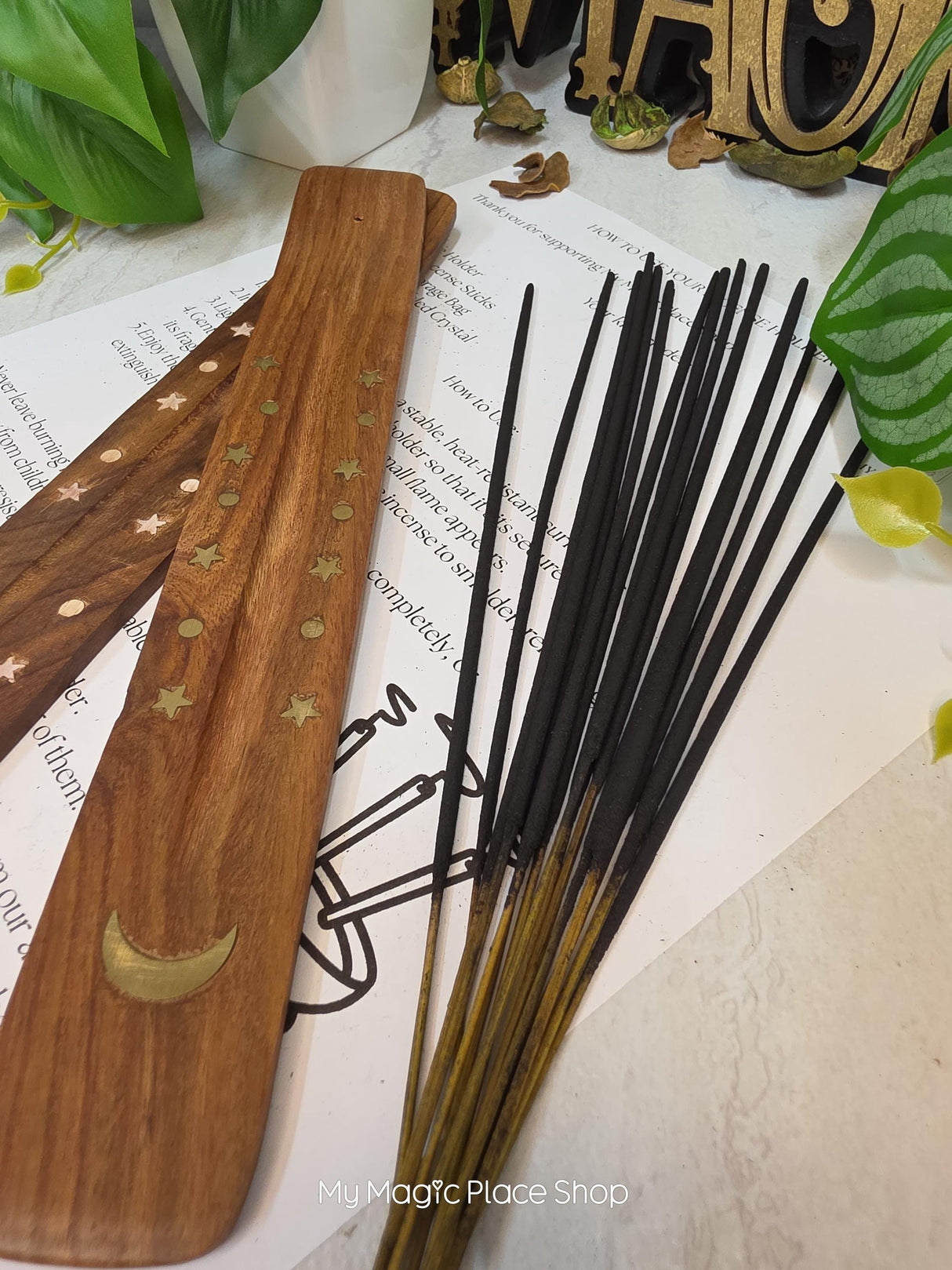 Celestial Moon Wooden Incense Holder Kit, Choose White Moon or Gold Moon Design, Includes 20 Incense Sticks & Guide, Long Ash Catcher Burner