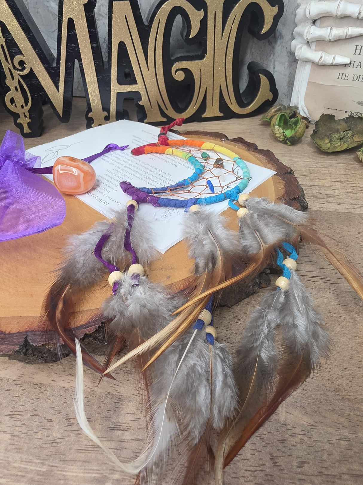 Moon Dream Catcher with Crystals | 7 Chakra Inspired Handmade Wall Decor | Tumbled Stone | Spiritual Gift
