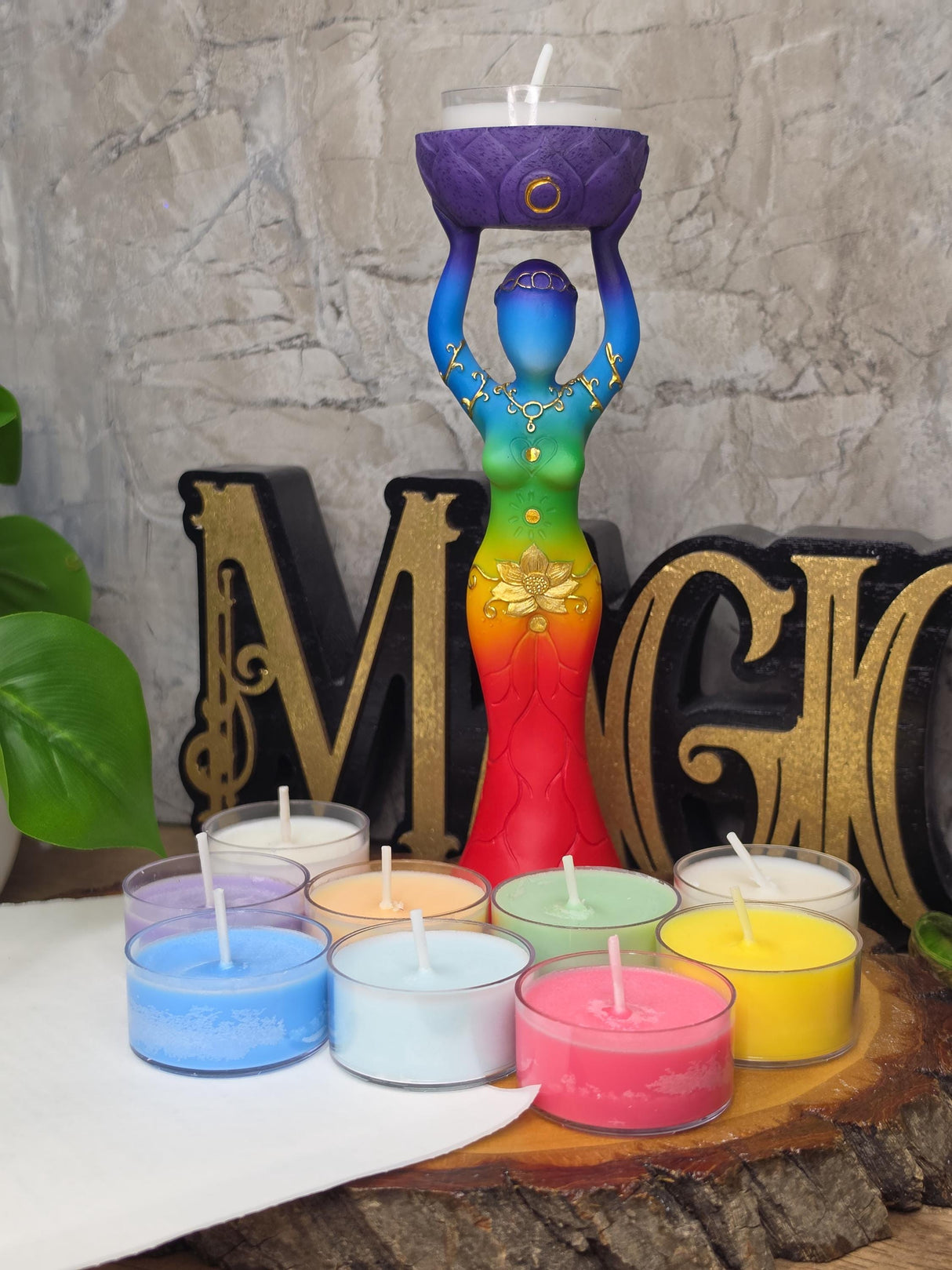 Seven Chakra Goddess Candle Gift Set, 7 Chakra Soy Tea Lights, Goddess Candle Holder, Spiritual Gift, Meditation & Ritual Decor