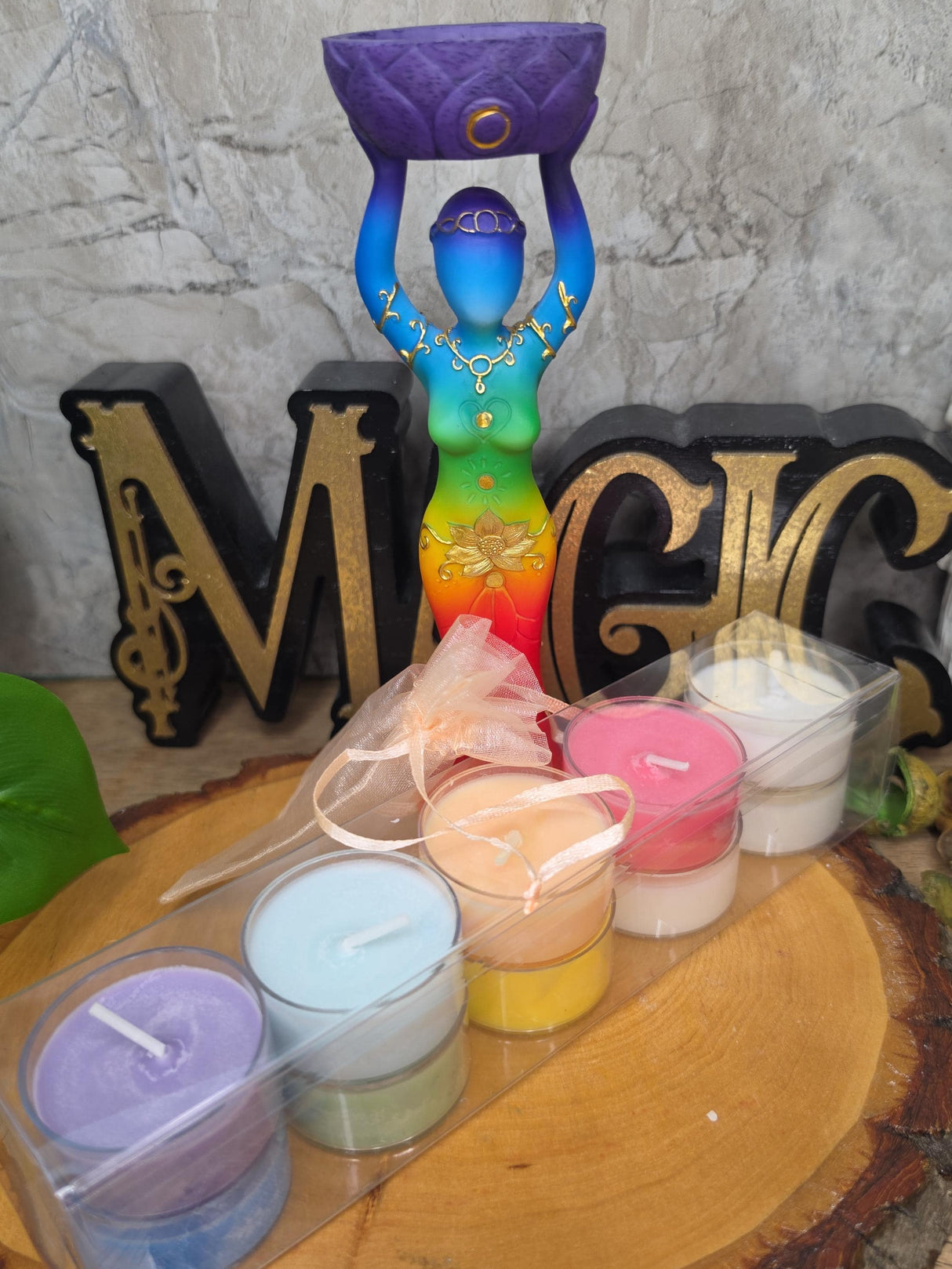 Seven Chakra Goddess Candle Gift Set, 7 Chakra Soy Tea Lights, Goddess Candle Holder, Spiritual Gift, Meditation & Ritual Decor